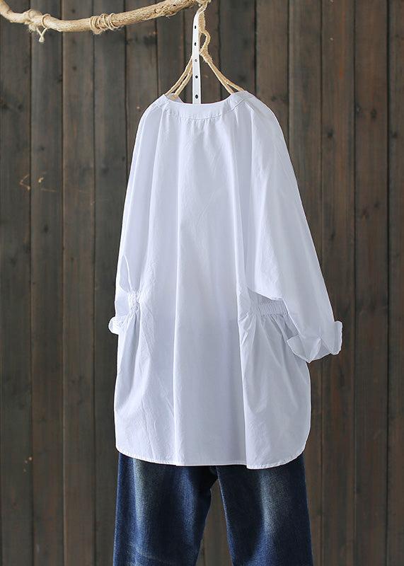 Simple Baby Blue O-neck Wrinkled Button Shirts Long Sleeve