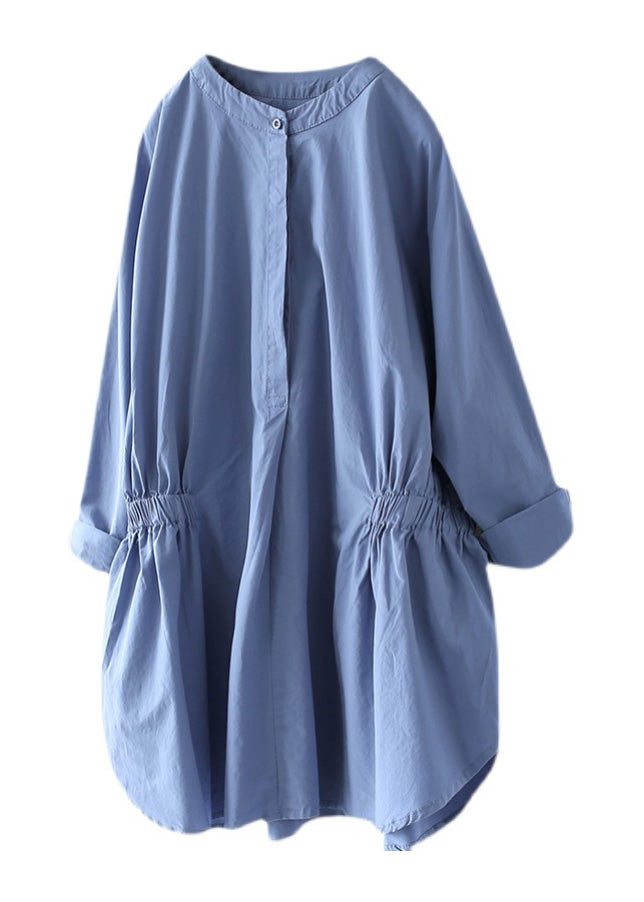 Simple Baby Blue O-neck Wrinkled Button Shirts Long Sleeve