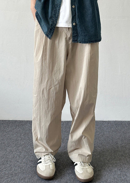 Simple Beige Button Pockets Cotton Pants Summer
