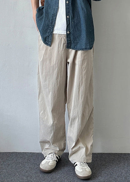 Simple Beige Button Pockets Cotton Pants Summer
