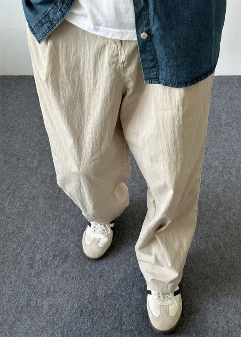 Simple Beige Button Pockets Cotton Pants Summer