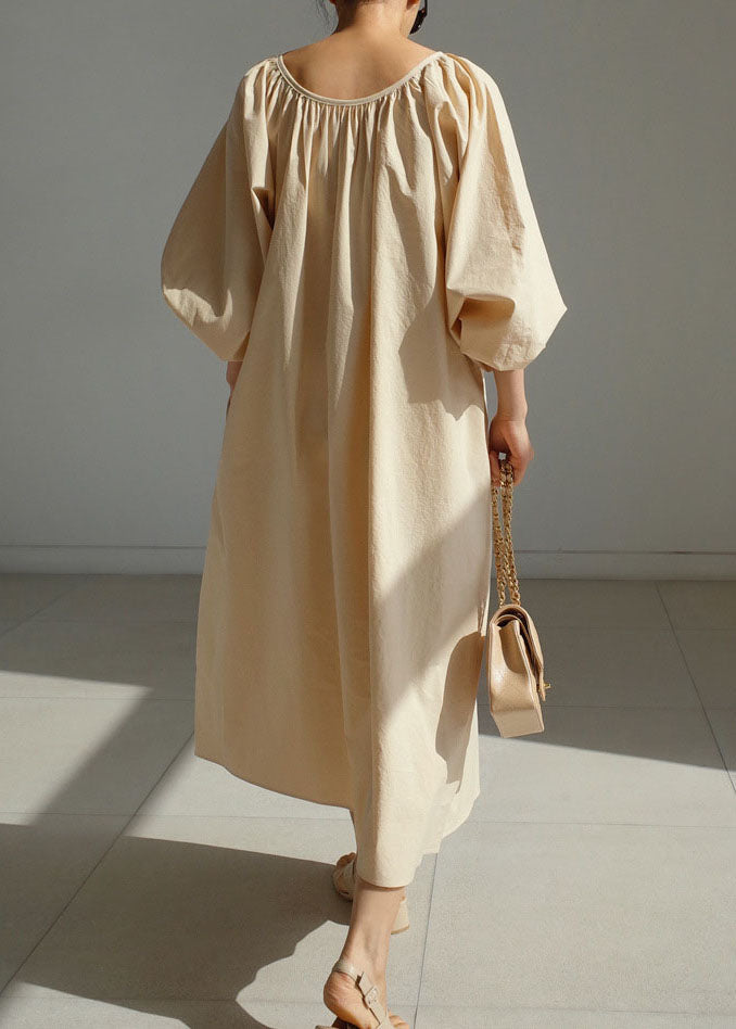 Simple Beige Cotton Pockets Holiday Dress Spring
