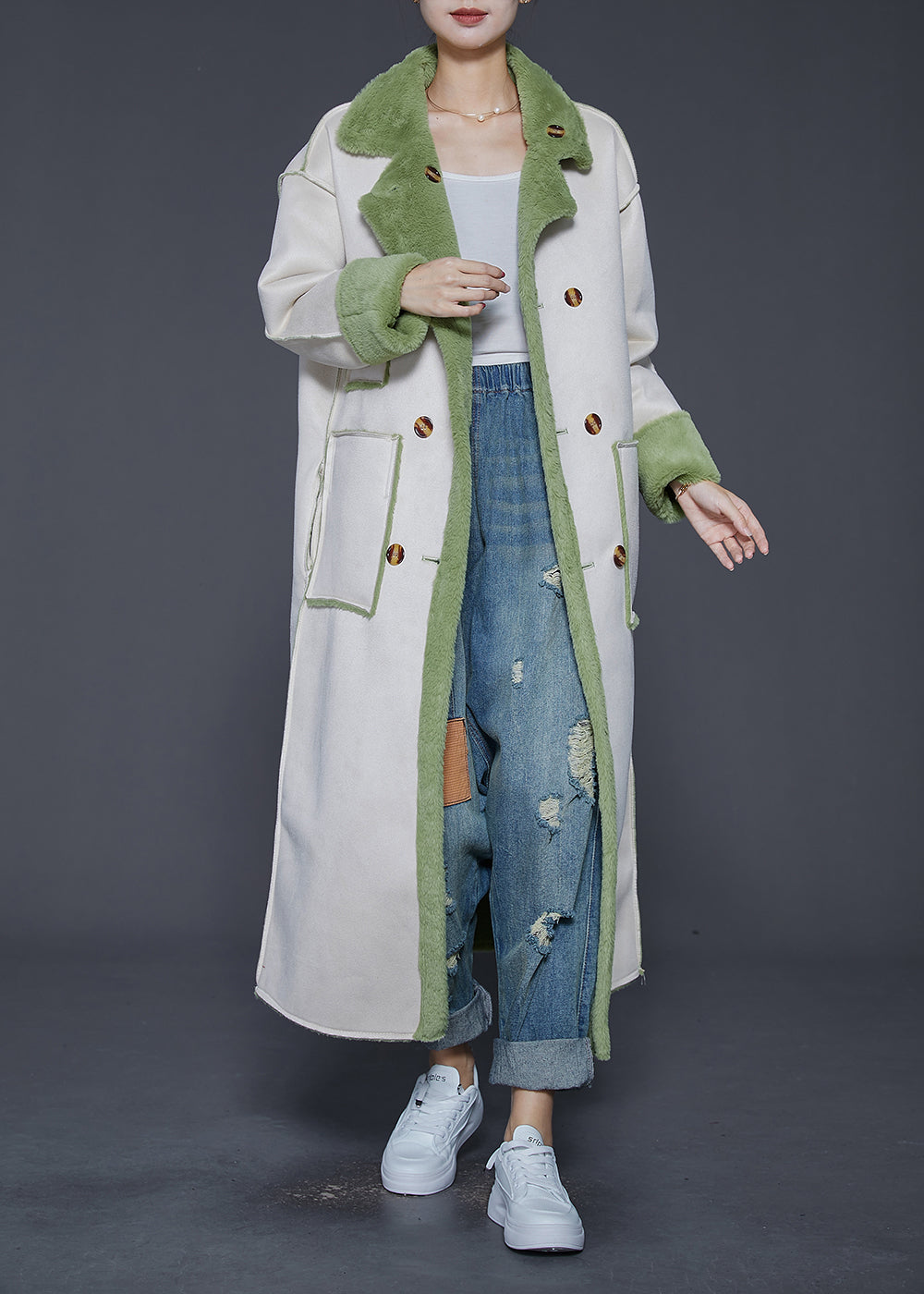 Simple Beige Double Breast Warm Fleece Faux Suede Trench Winter