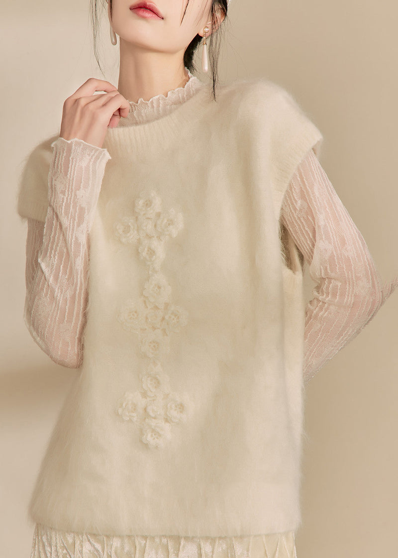 Simple Beige O-neck Cozy Cotton Knit Waistcoat Spring
