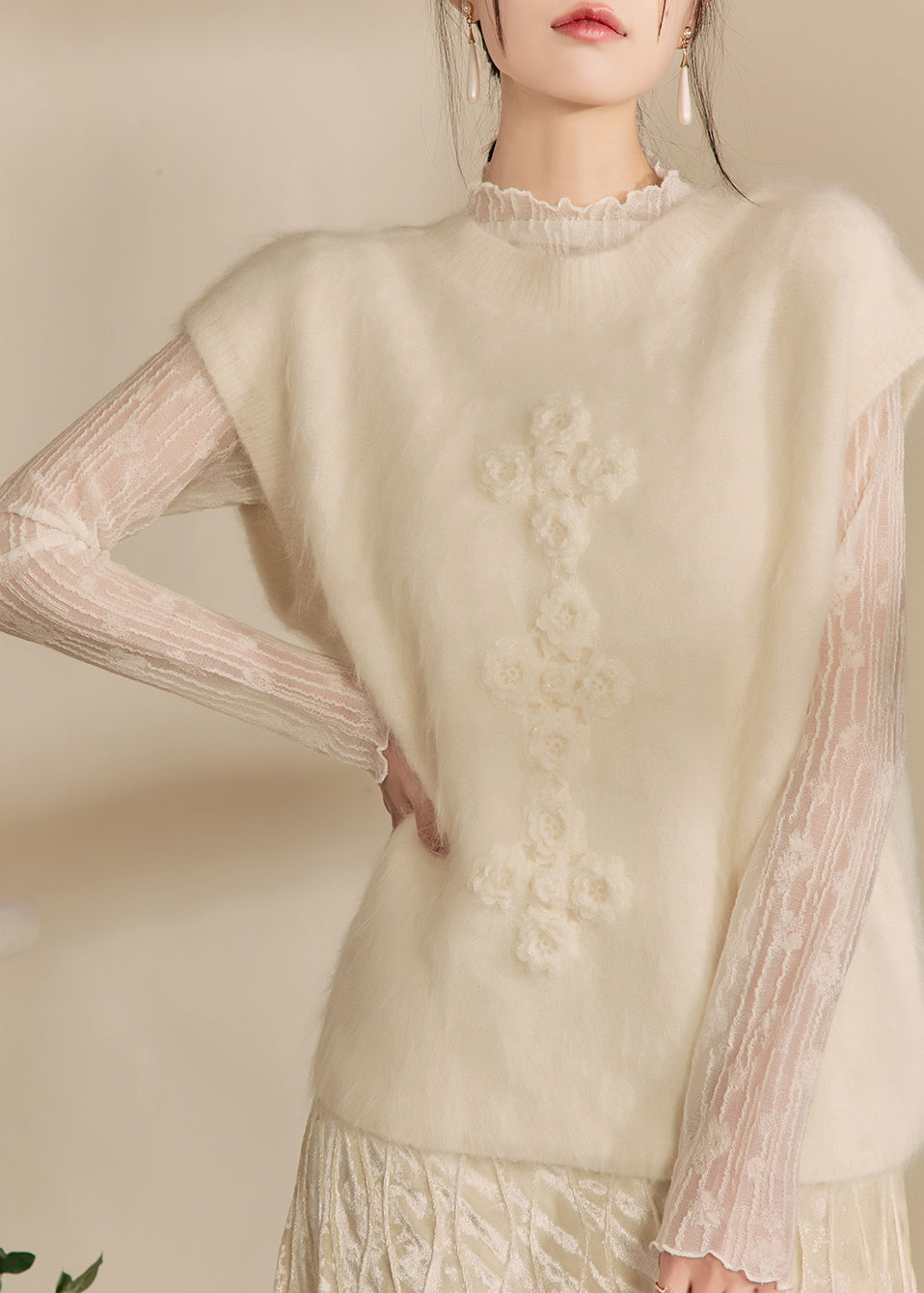 Simple Beige O-neck Cozy Cotton Knit Waistcoat Spring