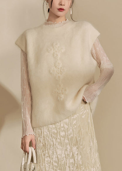 Simple Beige O-neck Cozy Cotton Knit Waistcoat Spring