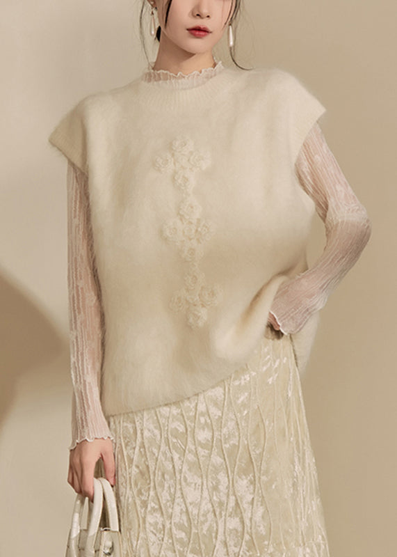 Simple Beige O-neck Cozy Cotton Knit Waistcoat Spring