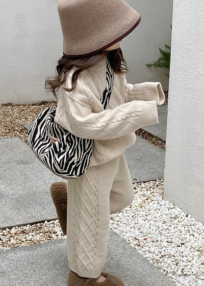 Simple Beige O-neck Kids Knitted Cotton Sweaters and Pants Two Pieces Set Spring