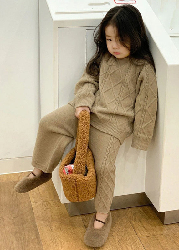 Simple Beige O-neck Kids Knitted Cotton Sweaters and Pants Two Pieces Set Spring