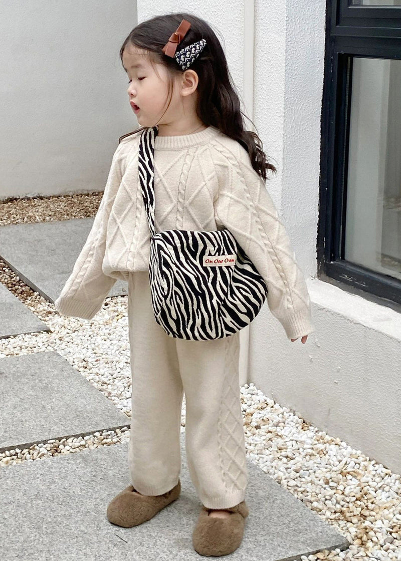 Simple Beige O-neck Kids Knitted Cotton Sweaters and Pants Two Pieces Set Spring