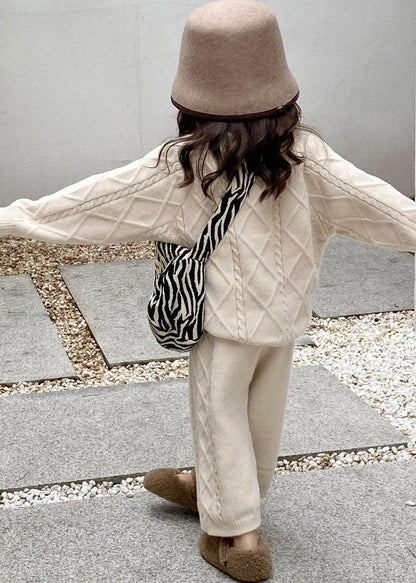 Simple Beige O-neck Kids Knitted Cotton Sweaters and Pants Two Pieces Set Spring