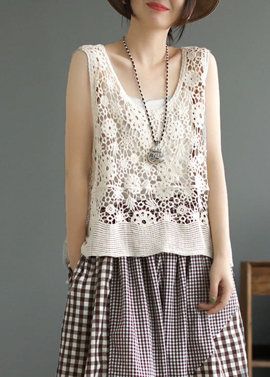 Simple Beige O-neck Patchwork Cotton Vest Sleeveless