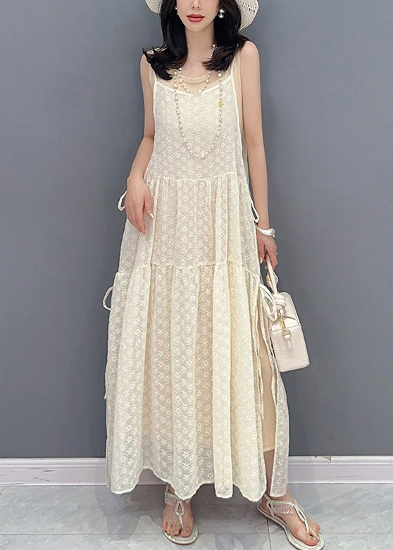 Simple Beige O-neck Print Patchwork Chiffon Maxi Dresses Summer