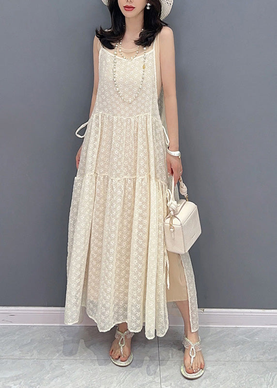 Simple Beige O-neck Print Patchwork Chiffon Maxi Dresses Summer