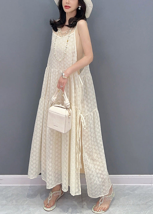 Simple Beige O-neck Print Patchwork Chiffon Maxi Dresses Summer