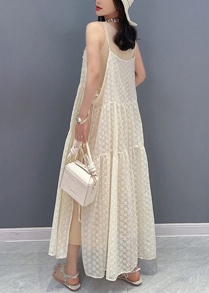 Simple Beige O-neck Print Patchwork Chiffon Maxi Dresses Summer