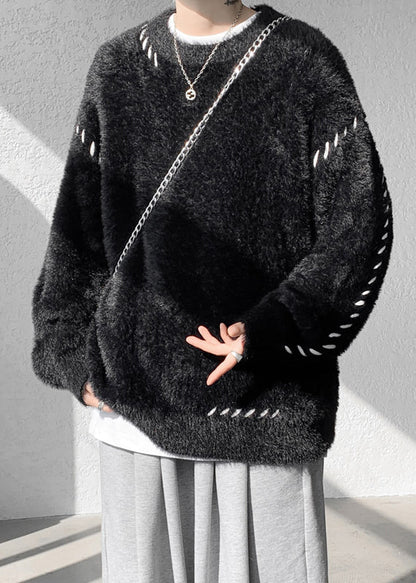 Simple Beige O Neck Mink Hair Knitted Sweater Winter