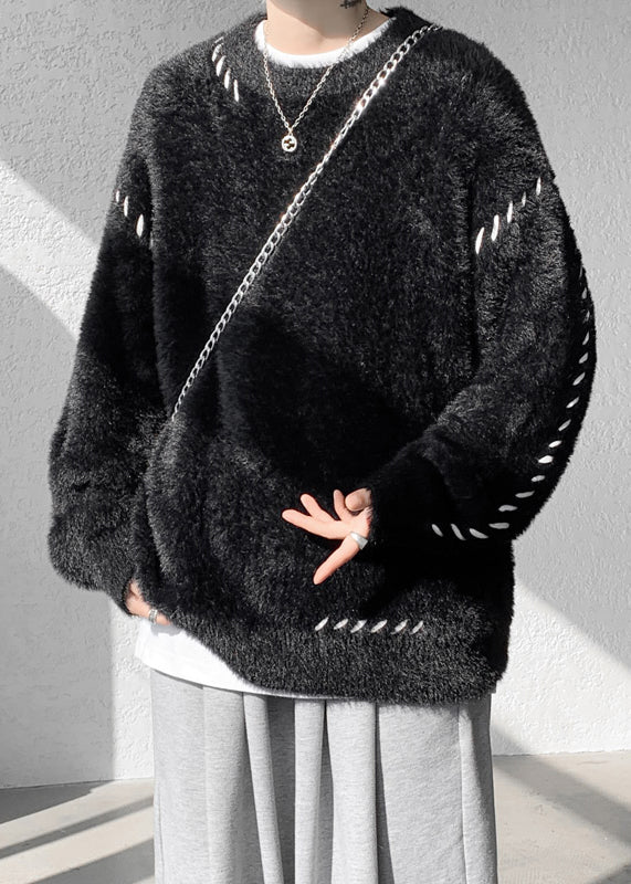 Simple Beige O Neck Mink Hair Knitted Sweater Winter