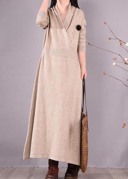 Simple Beige Quilting Clothes V Neck Asymmetric Spring Dress