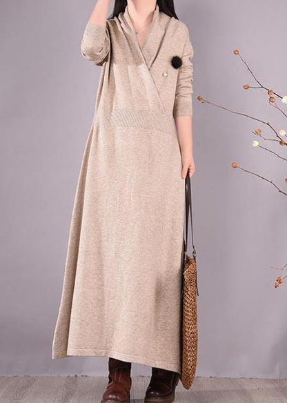 Simple Beige Quilting Clothes V Neck Asymmetric Spring Dress
