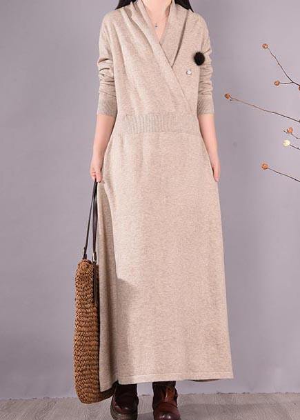 Simple Beige Quilting Clothes V Neck Asymmetric Spring Dress