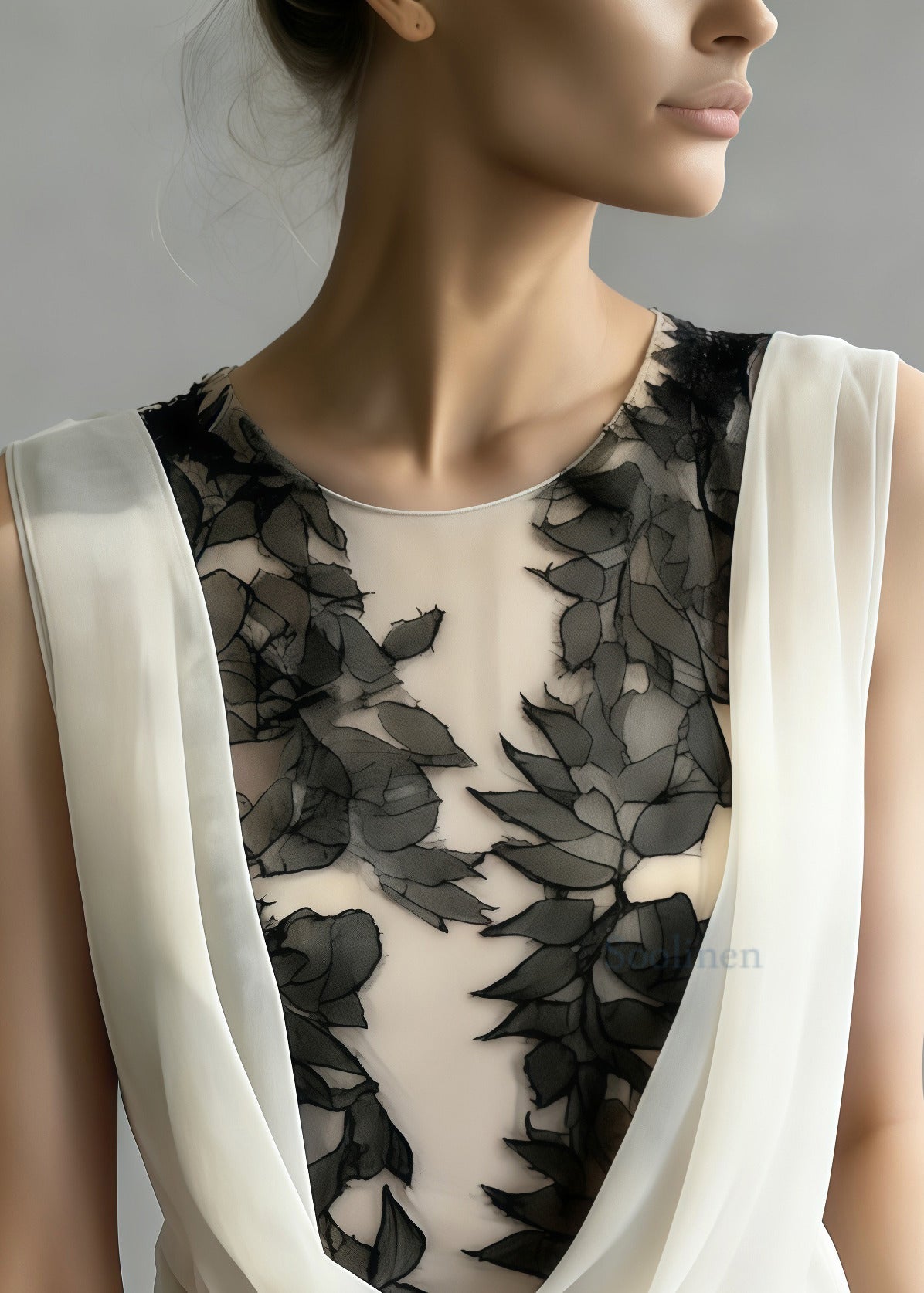 Simple Beige Turtle Neck Print Tulle Blouse Top Sleeveless