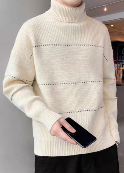 Simple Beige Turtleneck Hollow Out Knit Sweater Tops Winter