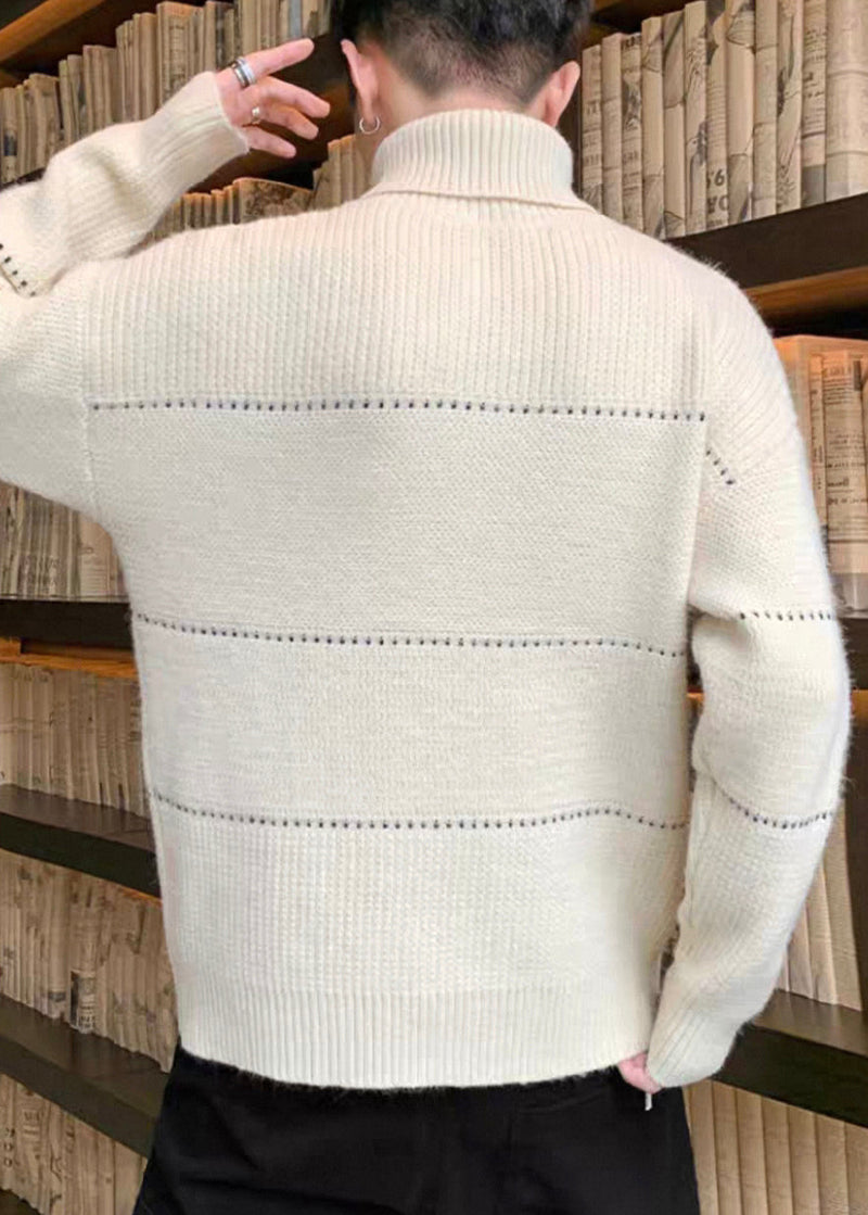 Simple Beige Turtleneck Hollow Out Knit Sweater Tops Winter