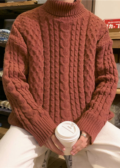 Simple Beige Turtleneck Cable Knit Sweater Winter