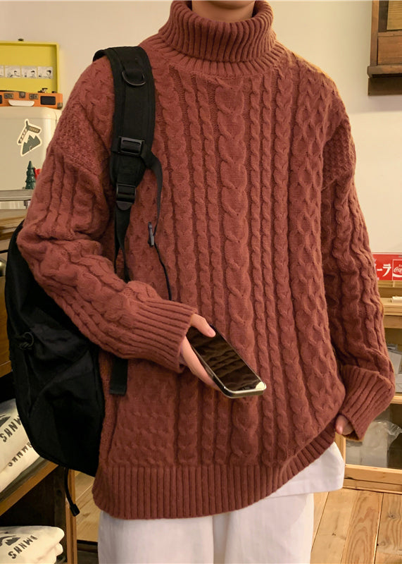 Simple Beige Turtleneck Cable Knit Sweater Winter