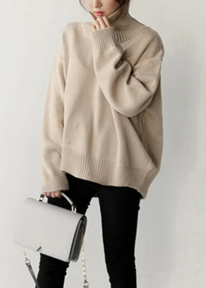 Simple Beige Turtleneck Knitted Cotton Sweaters Winter