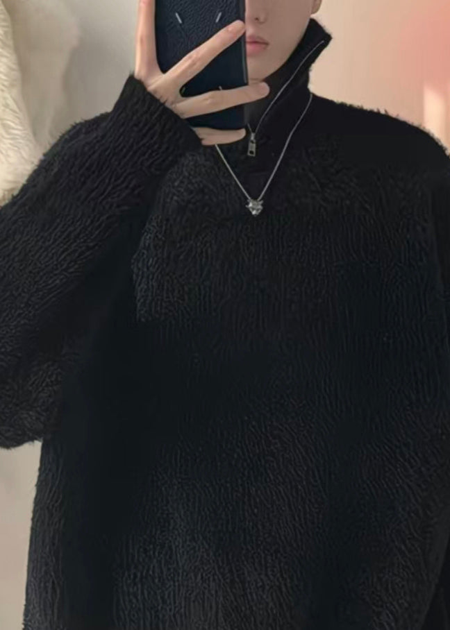 Simple Beige Turtleneck Zippered Thick Knit Sweater Winter