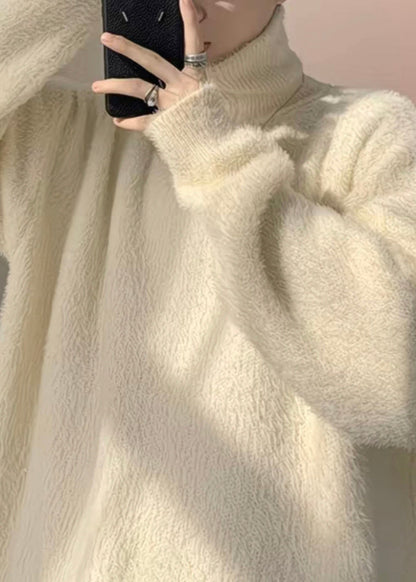 Simple Beige Turtleneck Zippered Thick Knit Sweater Winter