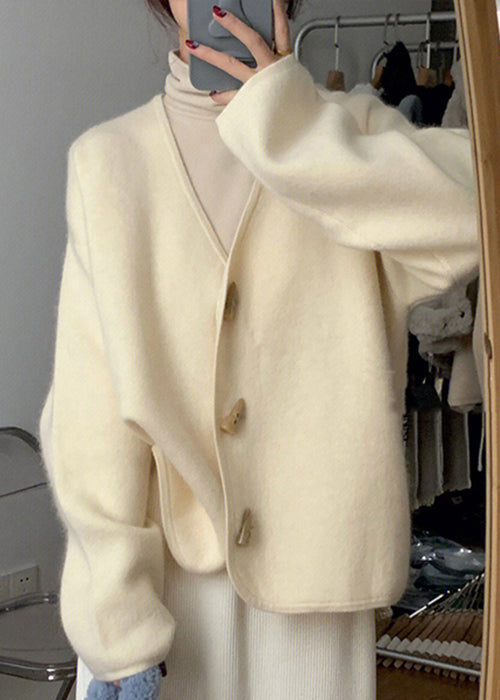 Simple Beige V Neck Button Knitting Cotton Coats Fall