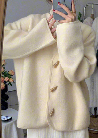 Simple Beige V Neck Button Knitting Cotton Coats Fall