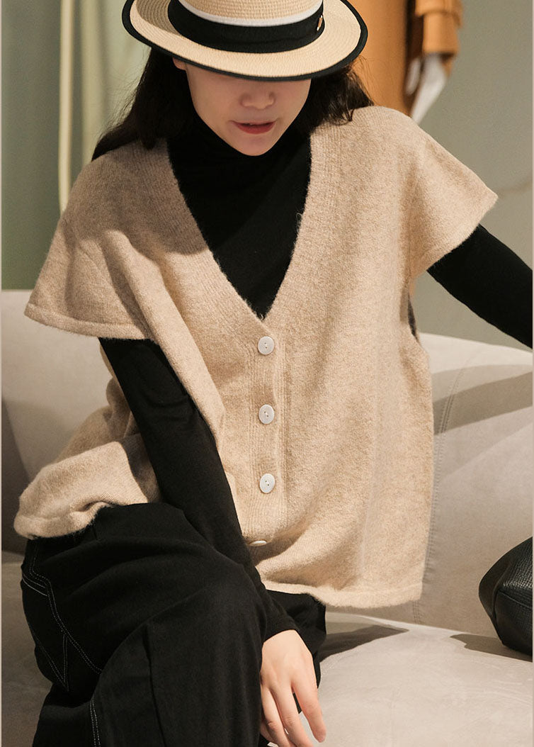Simple Beige V Neck Button Knitted Blend Waistcoat Short Sleeve