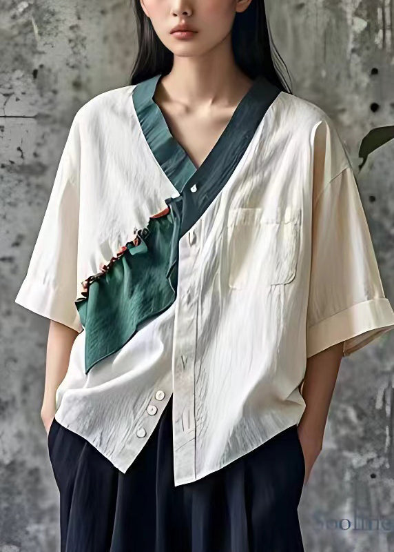 Simple Beige V Neck Ruffled Button Shirt Summer