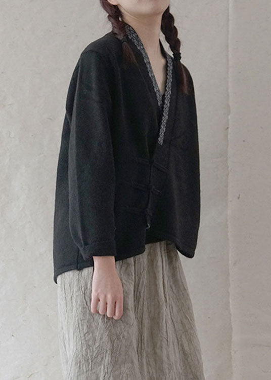 Simple Black Button Embroideried Asymmetrical Design Fall Knit Sweater