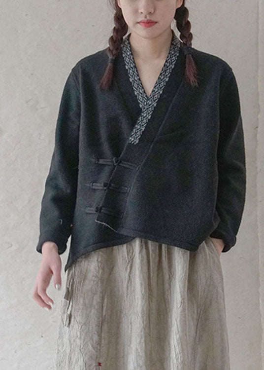 Simple Black Button Embroideried Asymmetrical Design Fall Knit Sweater