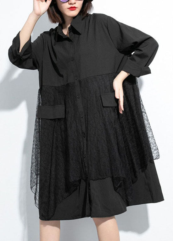 Simple Black Button Peter Pan Collar Lace Patchwork Shirt Dresses Spring