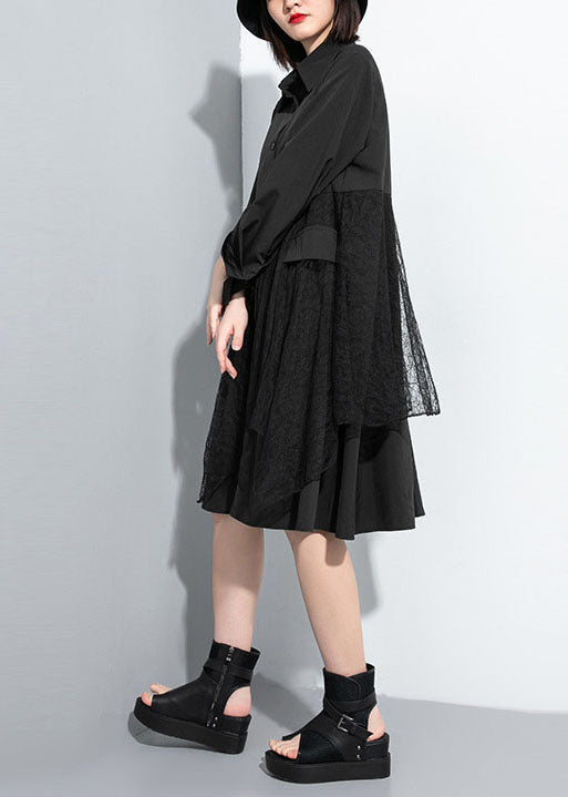 Simple Black Button Peter Pan Collar Lace Patchwork Shirt Dresses Spring