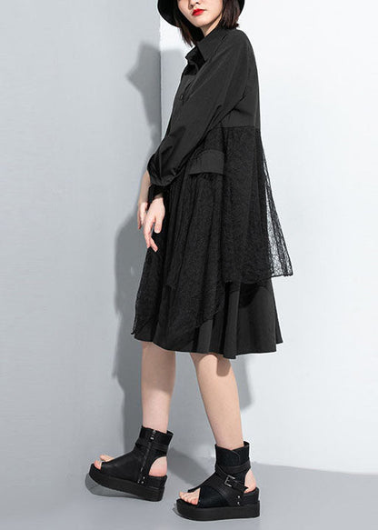 Simple Black Button Peter Pan Collar Lace Patchwork Shirt Dresses Spring