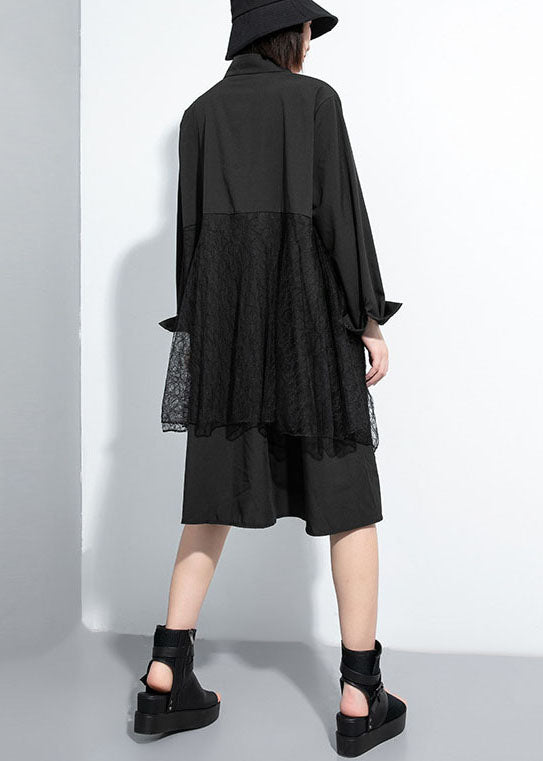 Simple Black Button Peter Pan Collar Lace Patchwork Shirt Dresses Spring