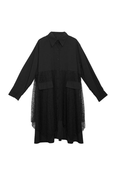 Simple Black Button Peter Pan Collar Lace Patchwork Shirt Dresses Spring