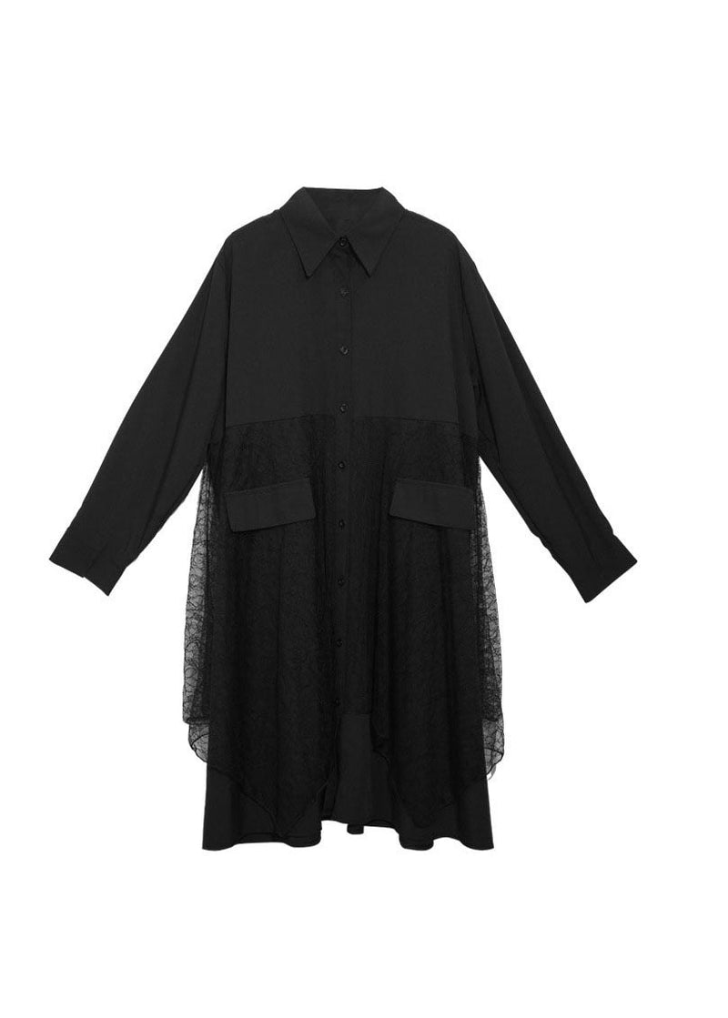 Simple Black Button Peter Pan Collar Lace Patchwork Shirt Dresses Spring