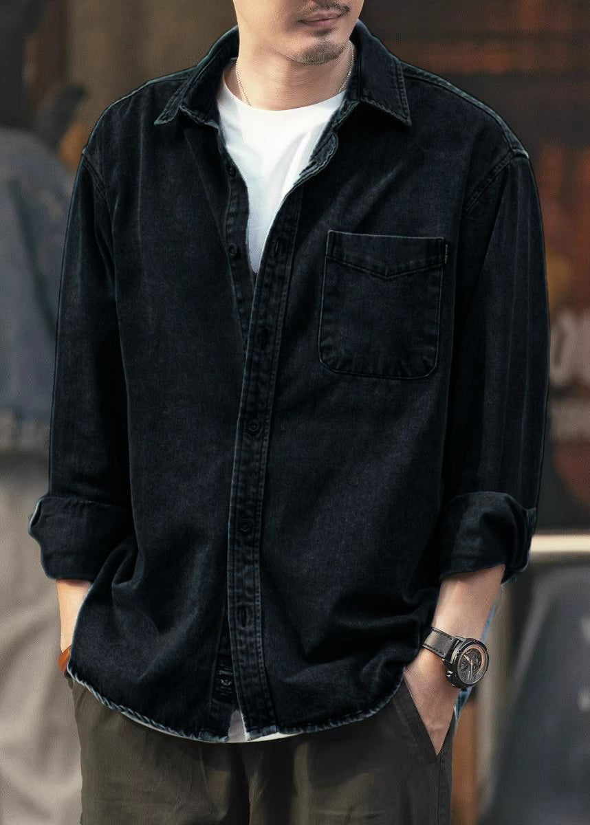 Simple Black Button Pockets Solid Denim Men Shirts Spring