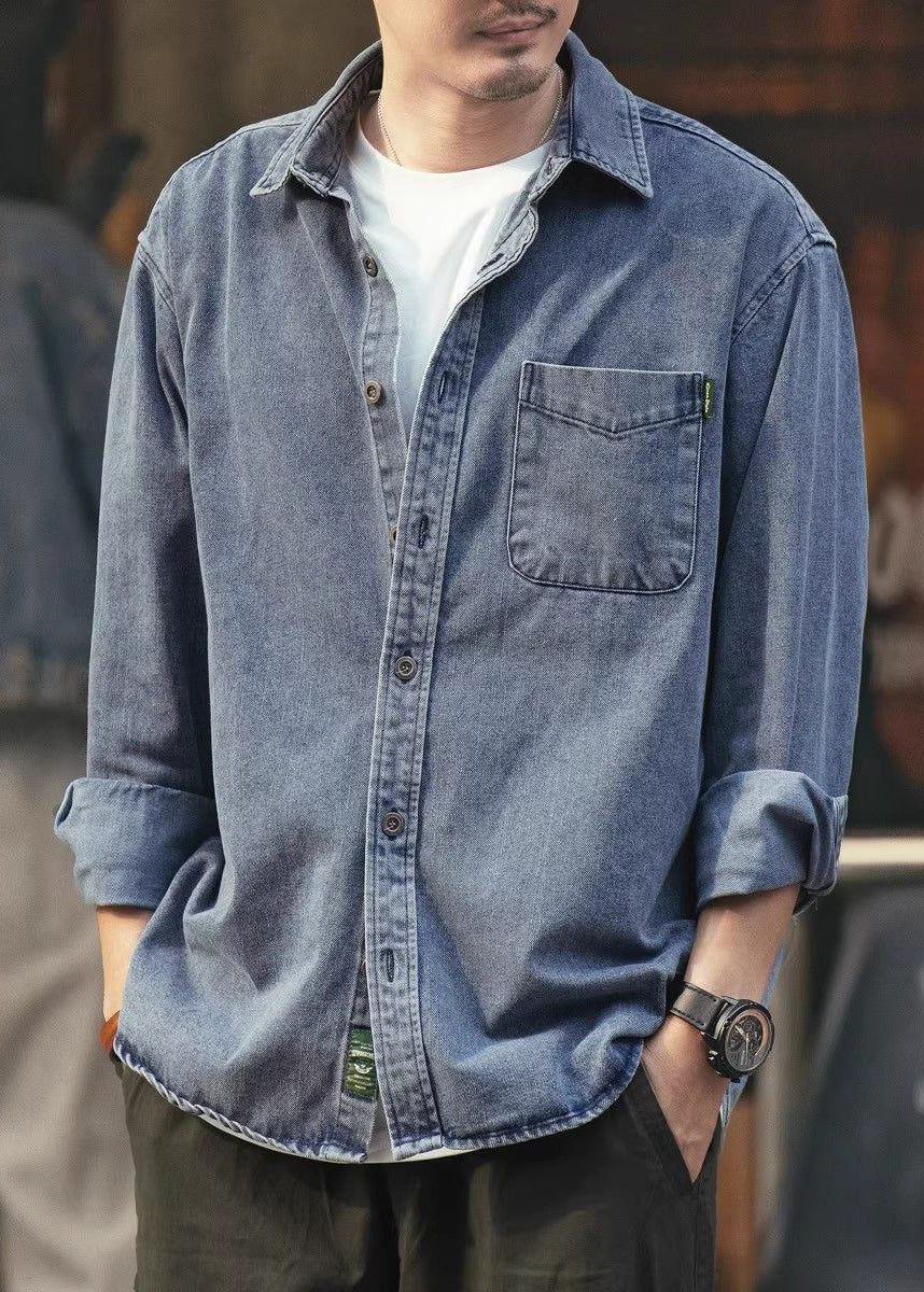 Simple Black Button Pockets Solid Denim Men Shirts Spring
