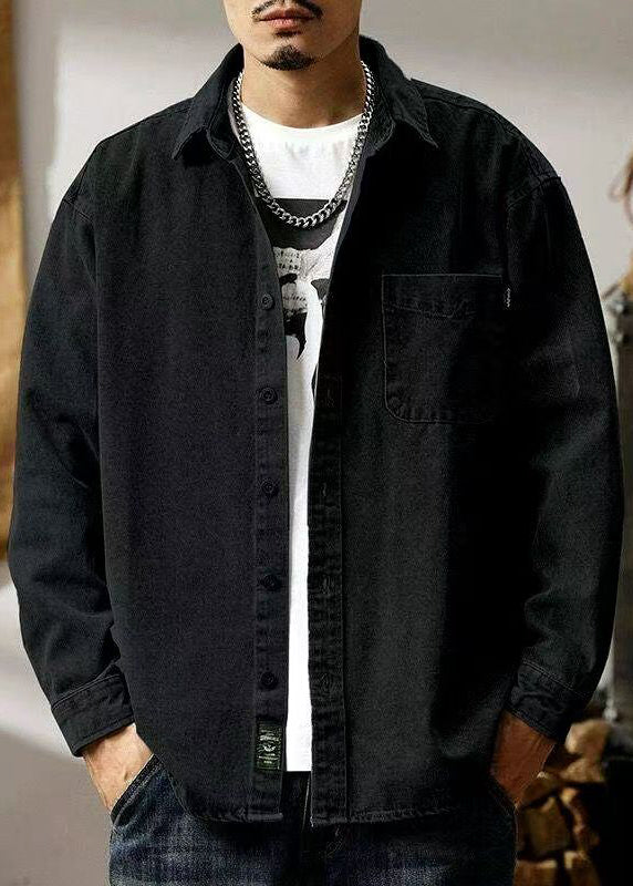 Simple Black Button Pockets Solid Denim Men Shirts Spring