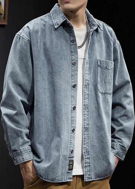 Simple Black Button Pockets Denim Shirts Spring