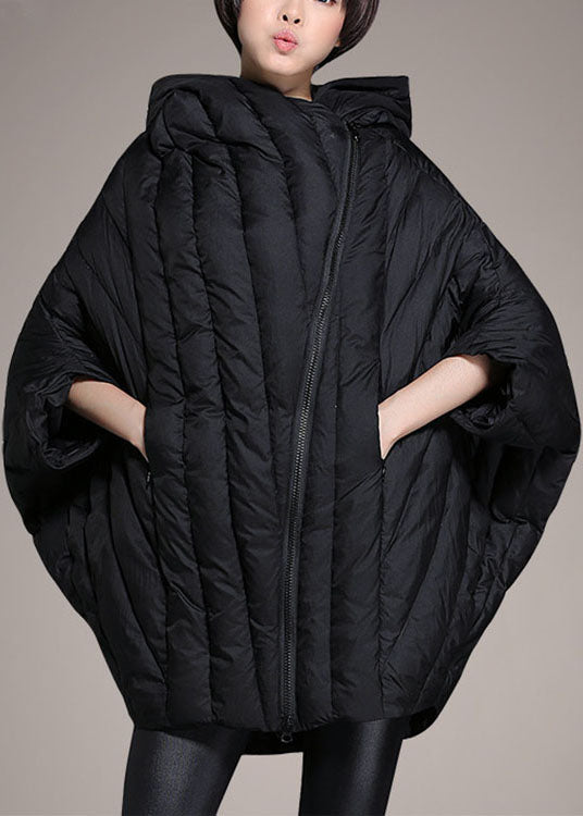 Simple Black Cloak Sleeves Zippered Warm Winter Duck Down Coat